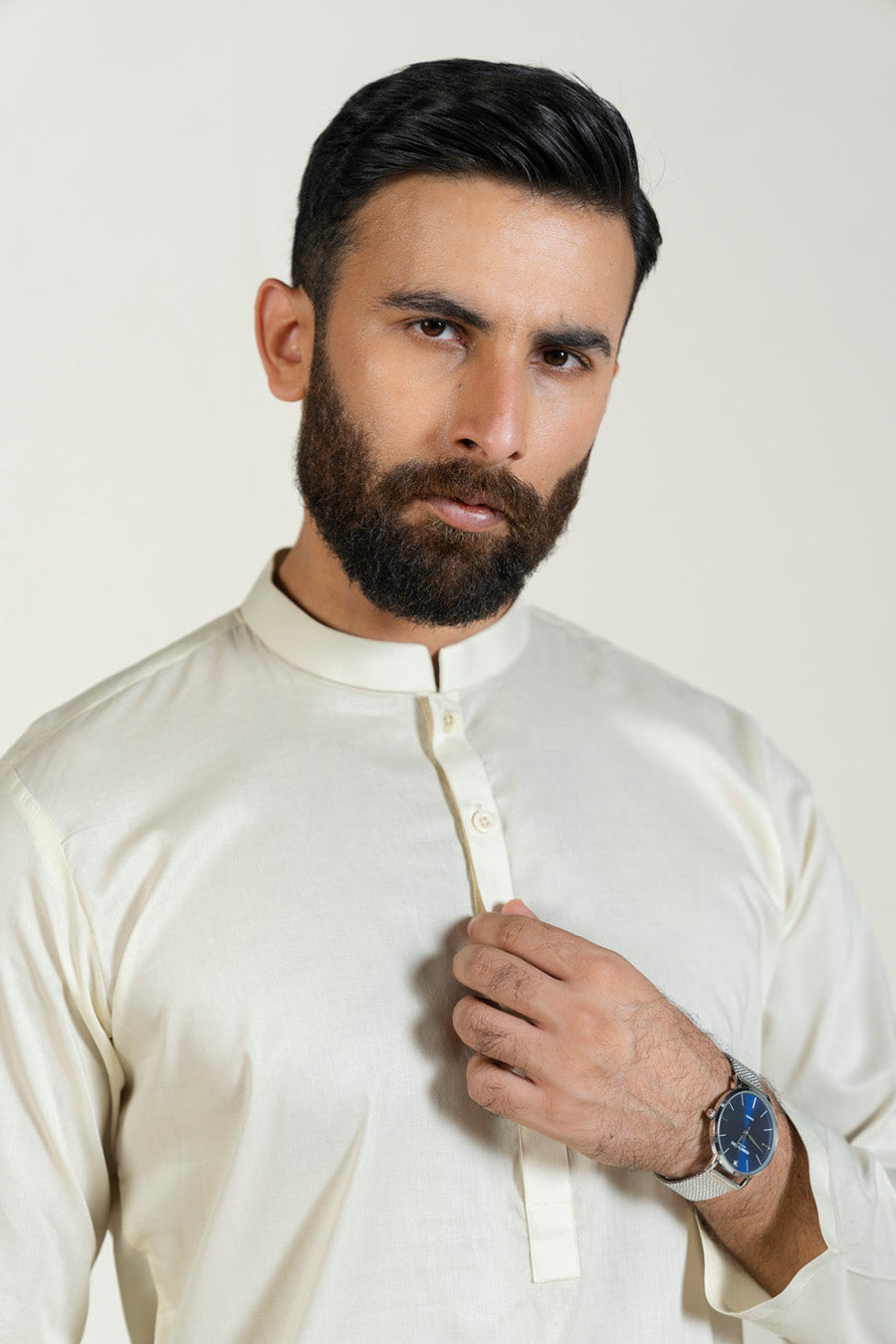 Ivory Cotton Kurta 2-Piece | Band Collar Minimalist