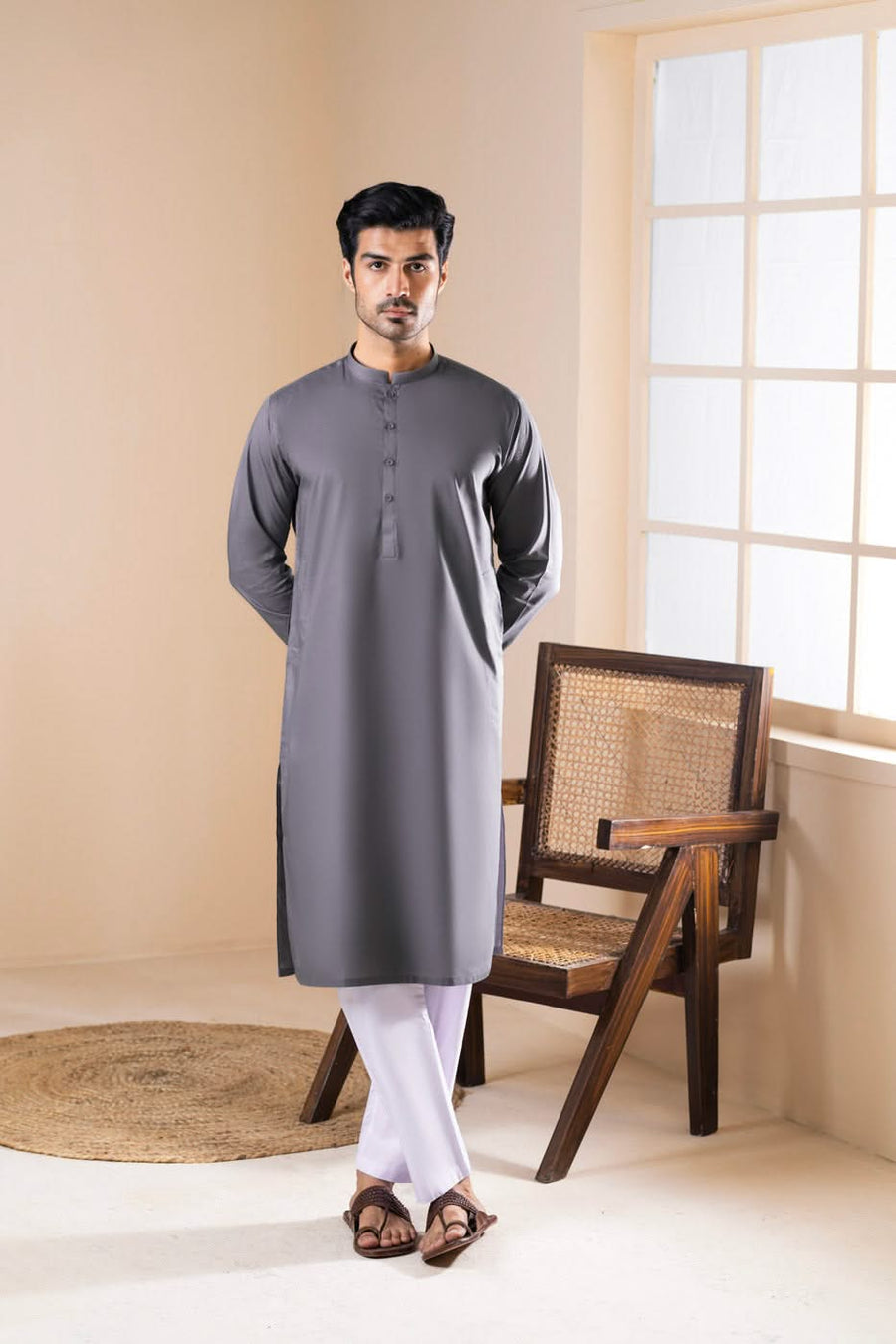 Slate Grey Cotton Kurta | Band Collar Slim Fit