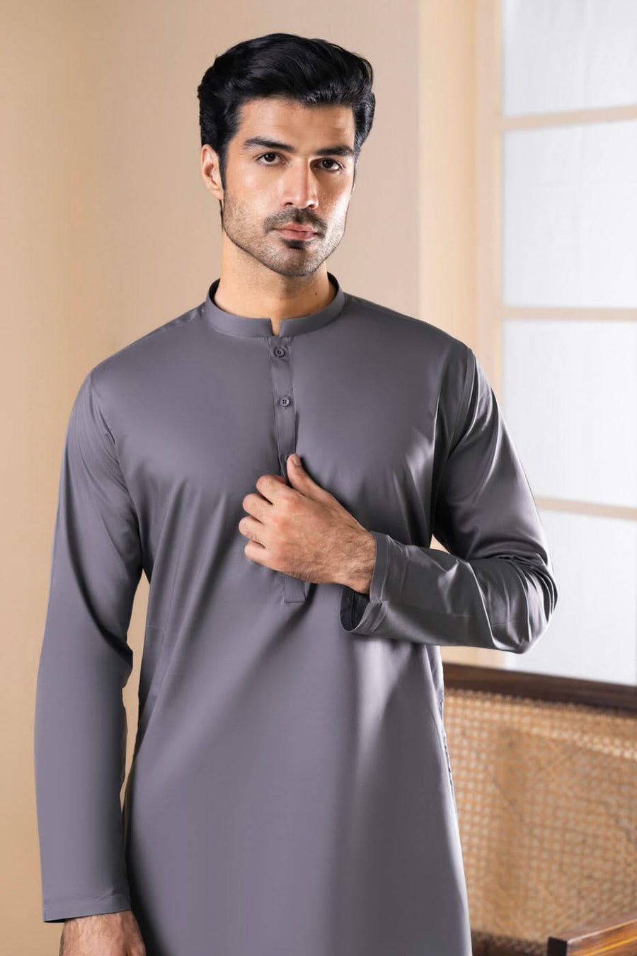 Slate Grey Cotton Kurta | Band Collar Slim Fit