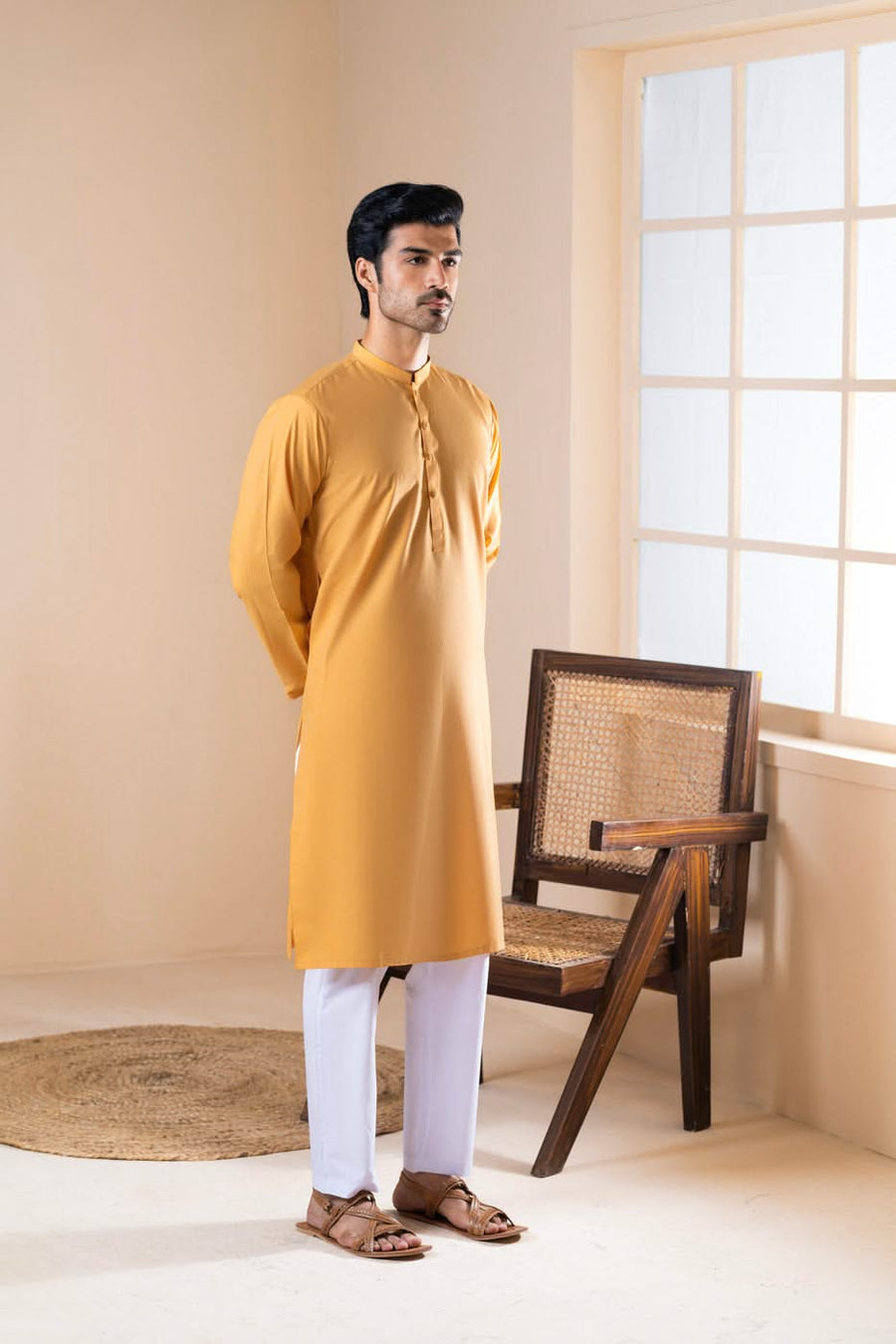 Mustard Silk Blend 2-Piece Kurta | Band Collar