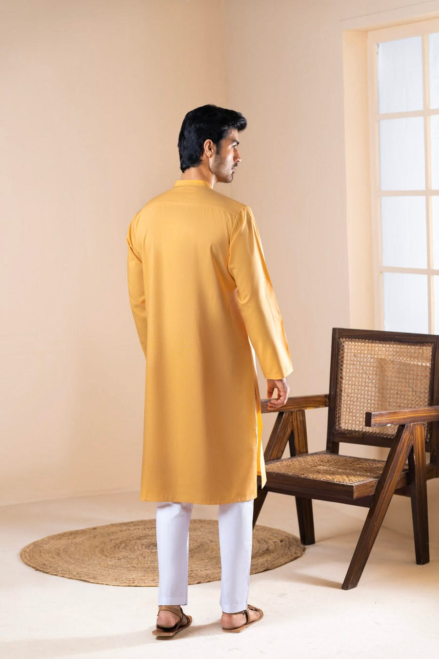 Mustard Silk Blend 2-Piece Kurta | Band Collar