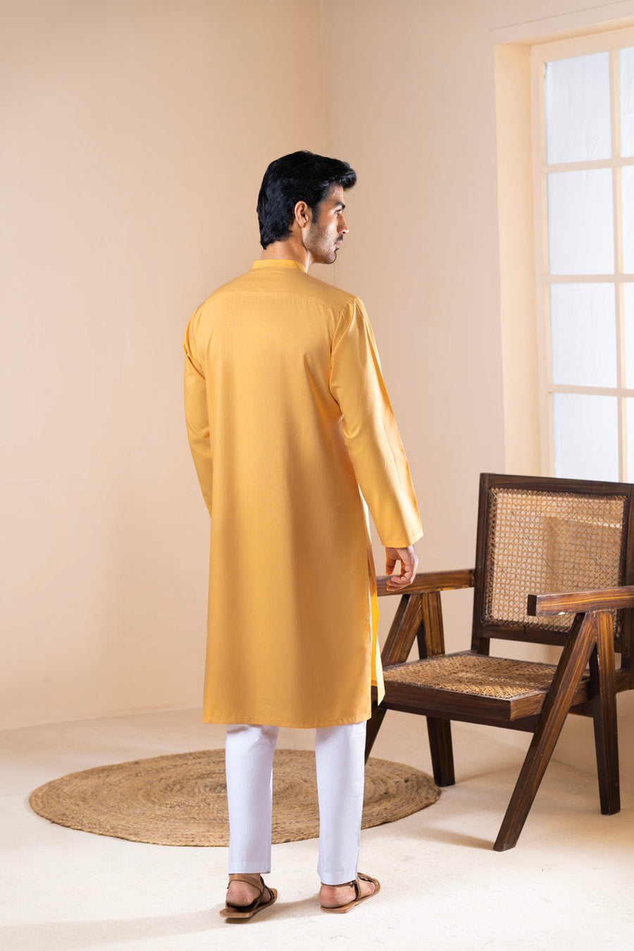 Mustard Silk Blend 2-Piece Kurta | Band Collar