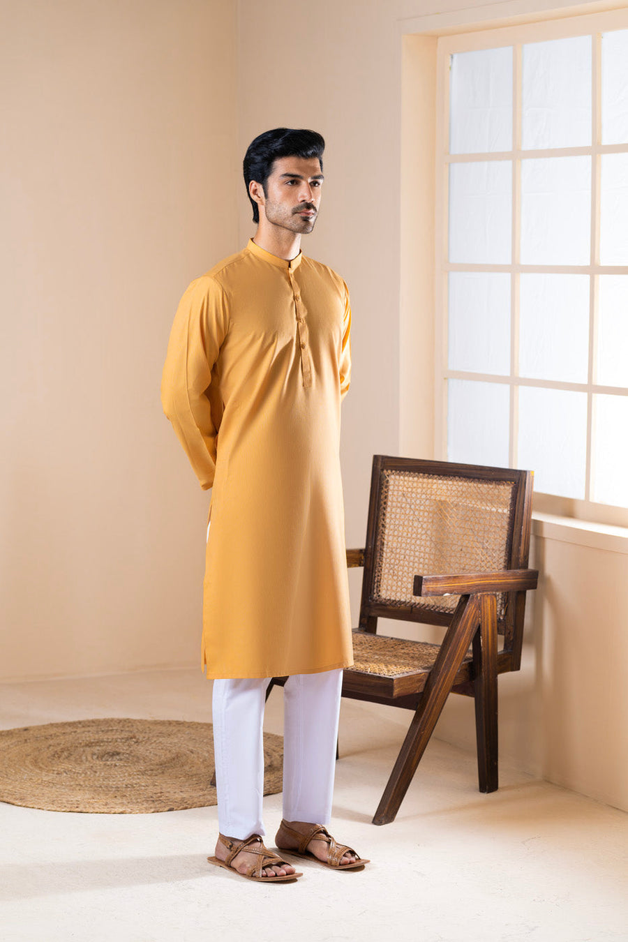 Mustard Silk Blend 2-Piece Kurta | Band Collar