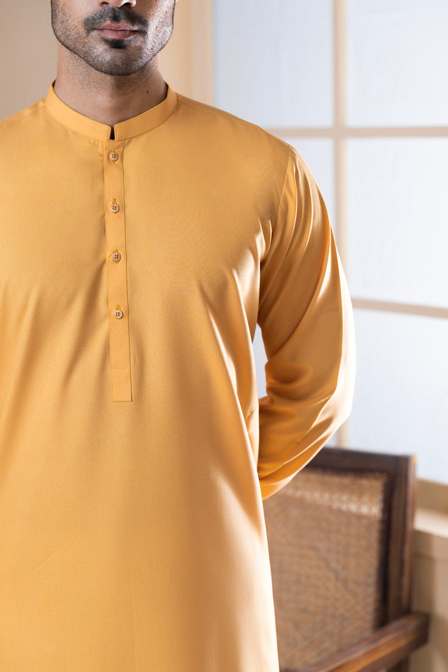 Mustard Silk Blend 2-Piece Kurta | Band Collar