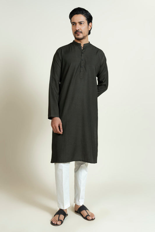 Charcoal Silk-Blend 2-Piece Kurta | Band Collar