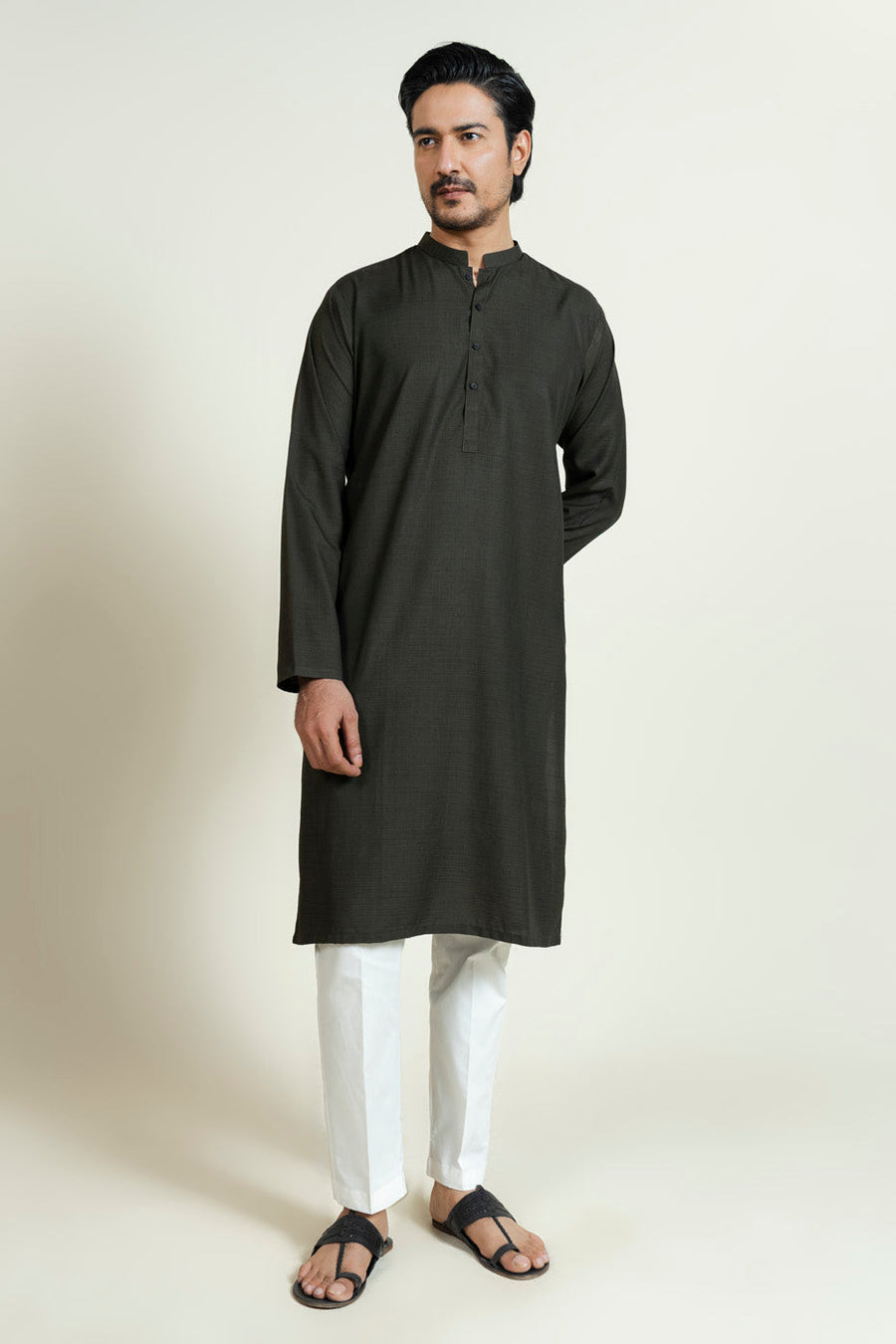 Charcoal Silk-Blend 2-Piece Kurta | Band Collar