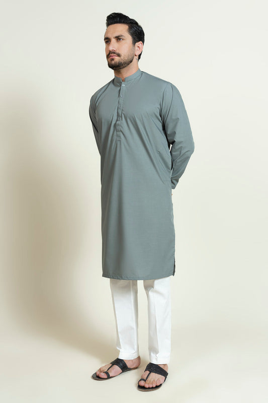 Sage Silk Blend 2-Piece Kurta | Band Collar Minimalist
