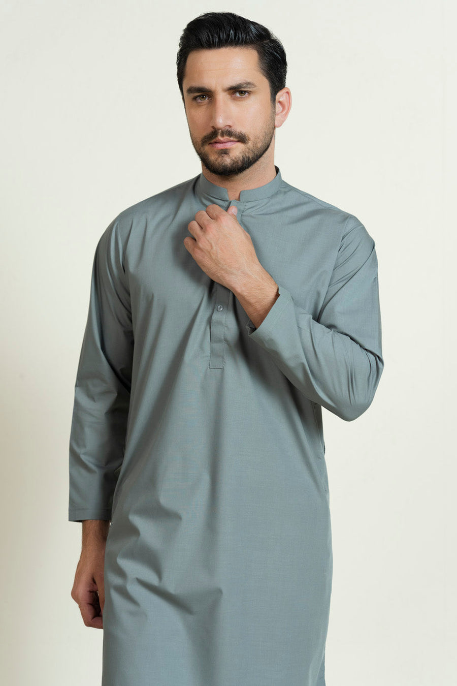 Sage Silk Blend 2-Piece Kurta | Band Collar Minimalist