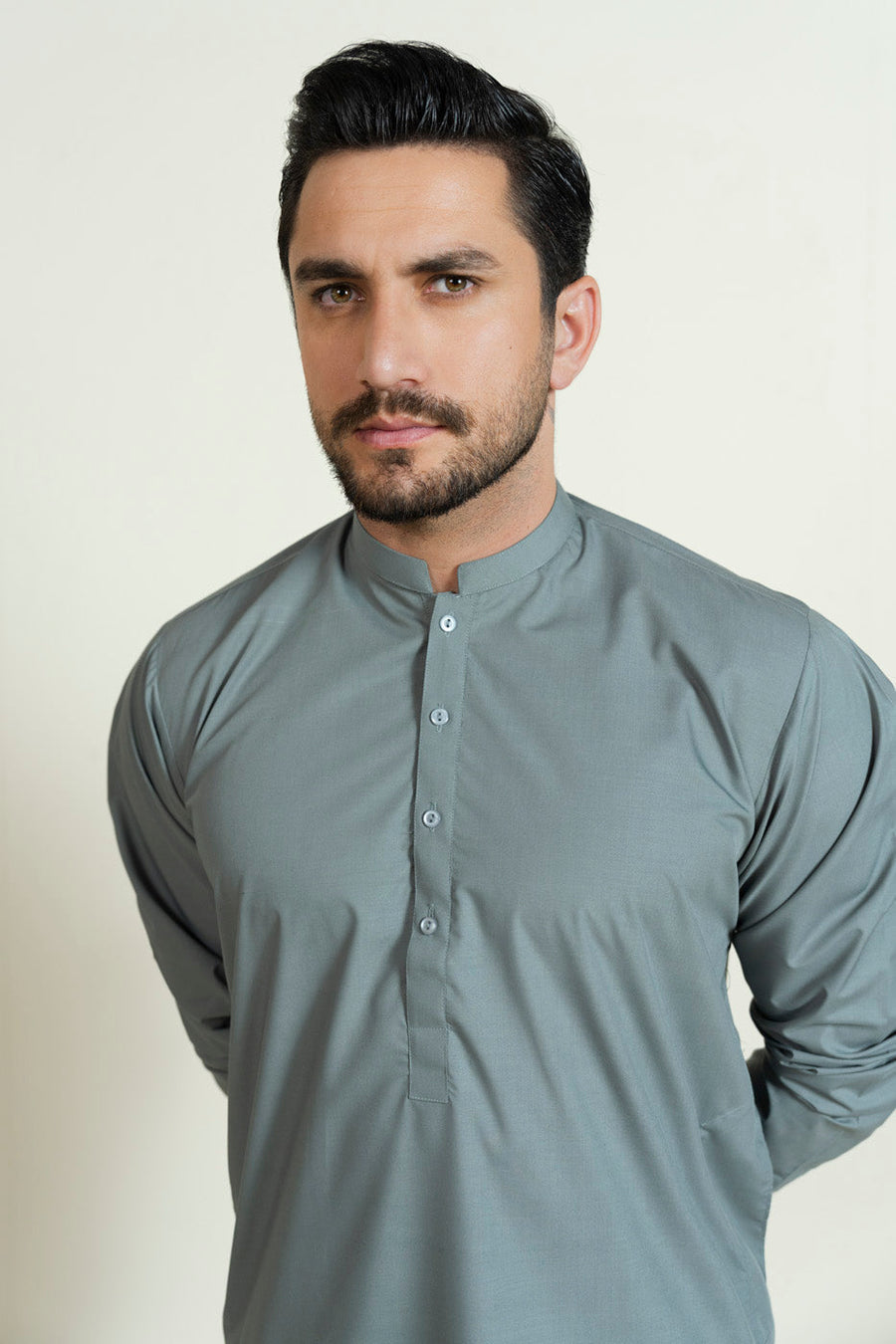 Sage Silk Blend 2-Piece Kurta | Band Collar Minimalist