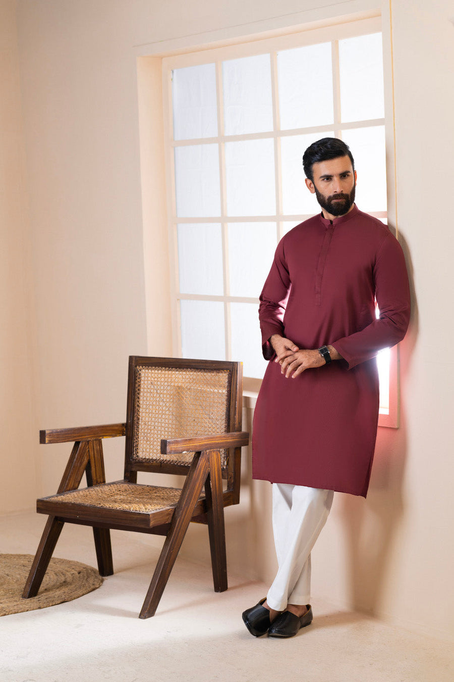 Burgundy Cotton Kurta | Band Collar Slim Silhouette