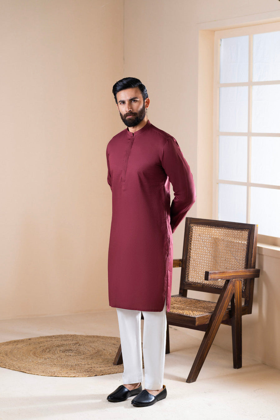 Burgundy Cotton Kurta | Band Collar Slim Silhouette