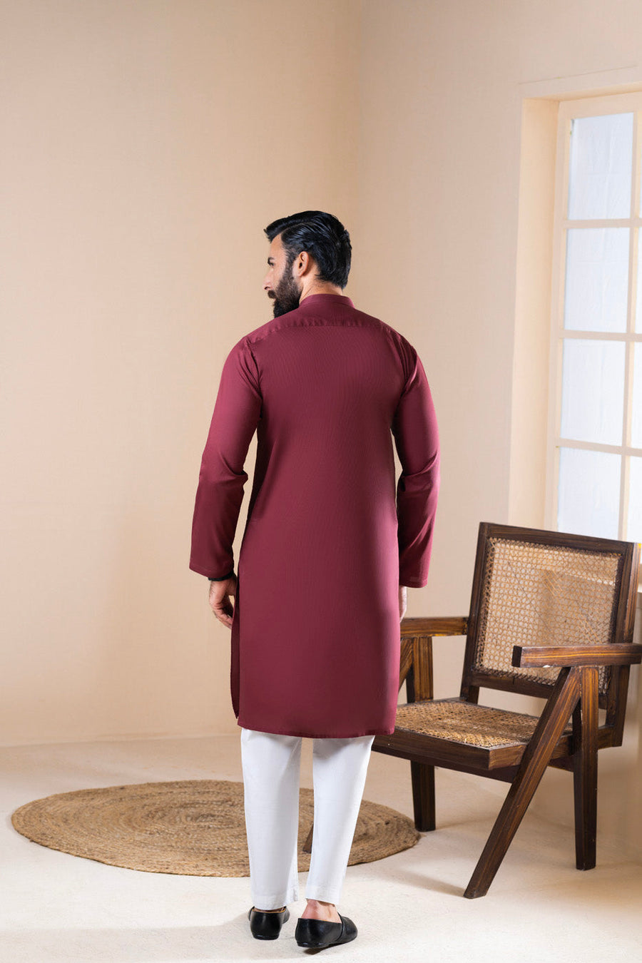Burgundy Cotton Kurta | Band Collar Slim Silhouette