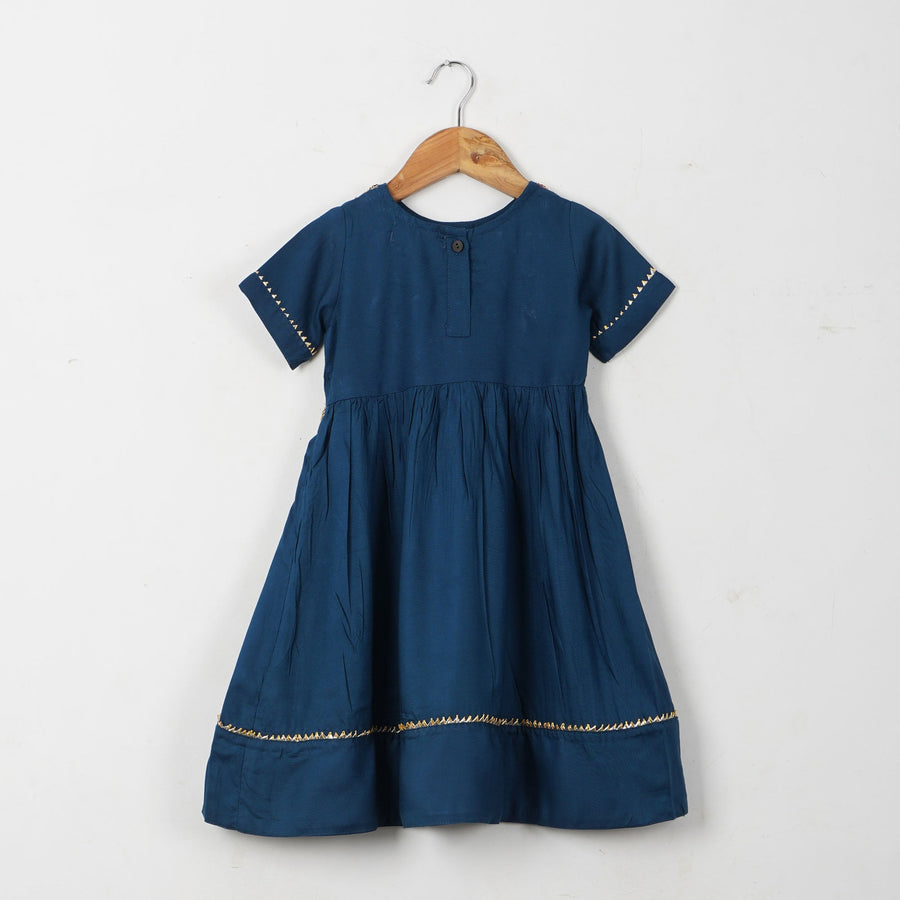 Girls Blue Hand Embroidered Ethnic Gota Dress with Pom Pom (1 Piece)