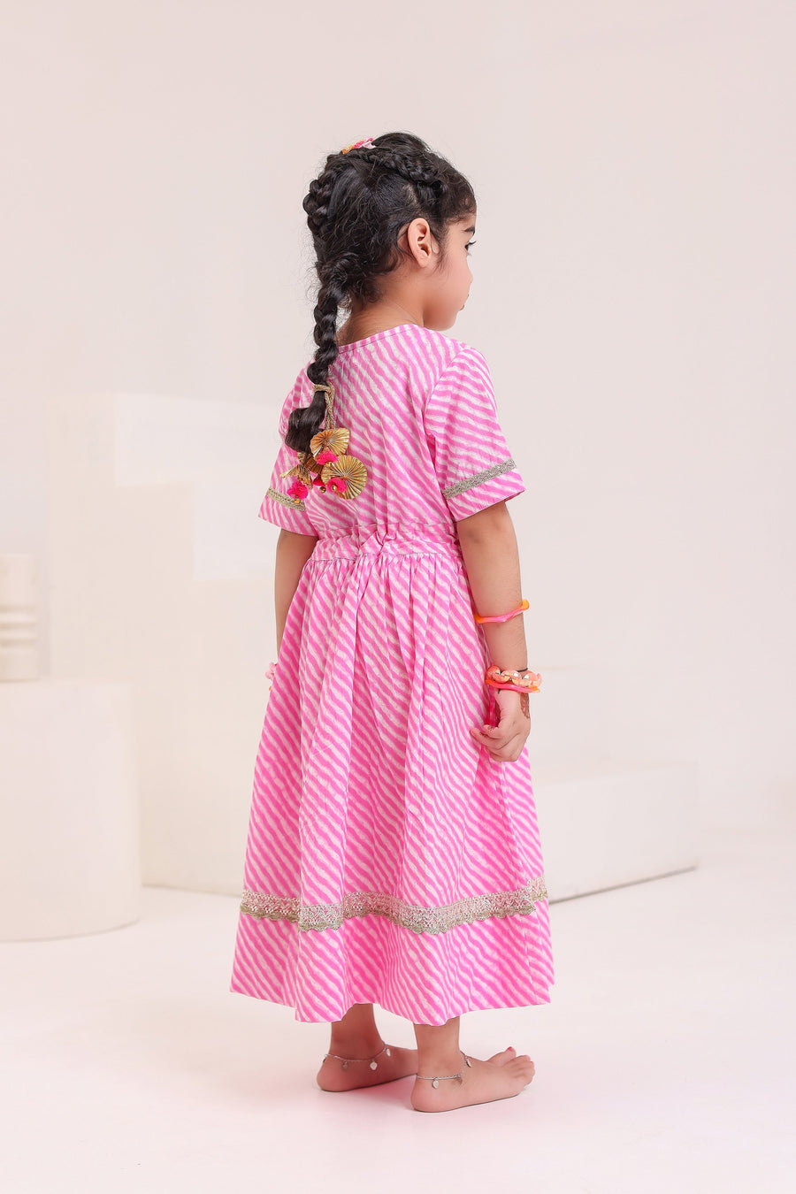 Girls Pink Leheriya Ankle Length Gota Dress with Tassels (1 Piece)