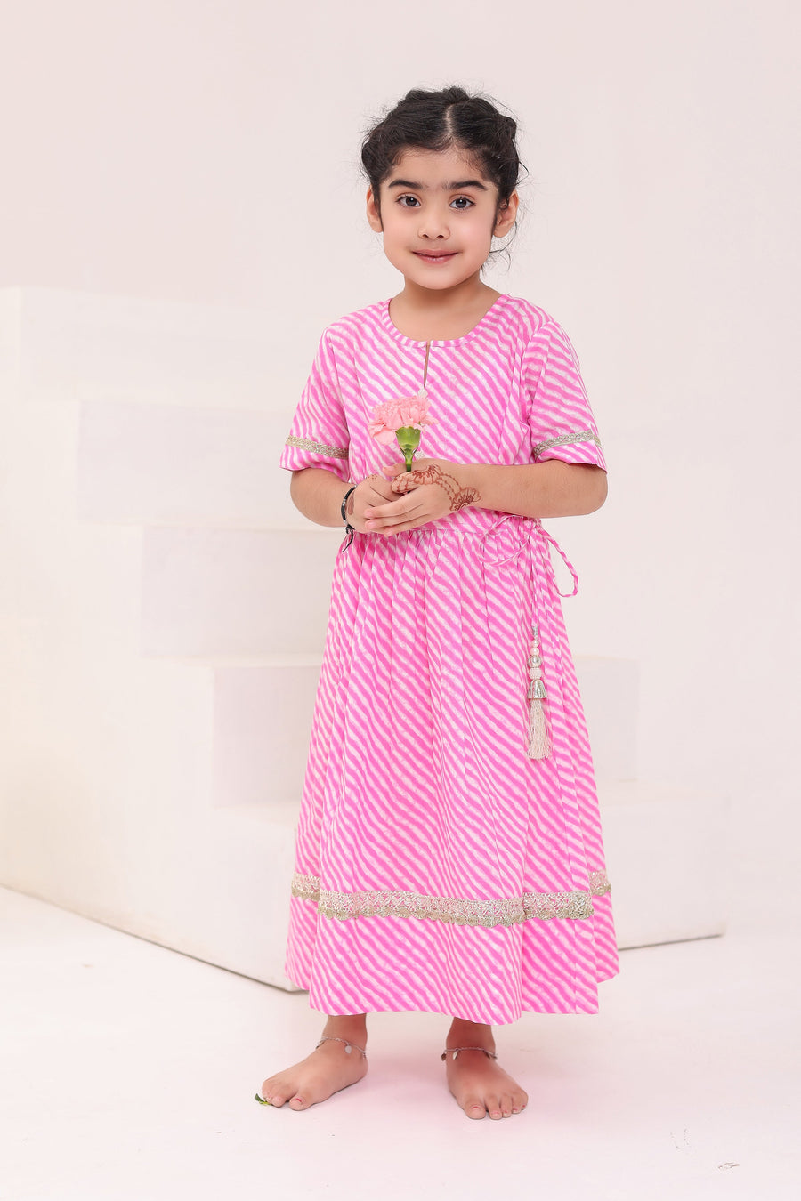 Girls Pink Leheriya Ankle Length Gota Dress with Tassels (1 Piece)