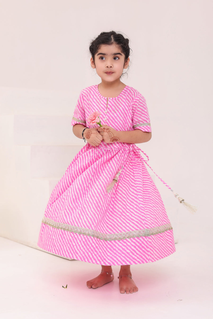Girls Pink Leheriya Ankle Length Gota Dress with Tassels (1 Piece)