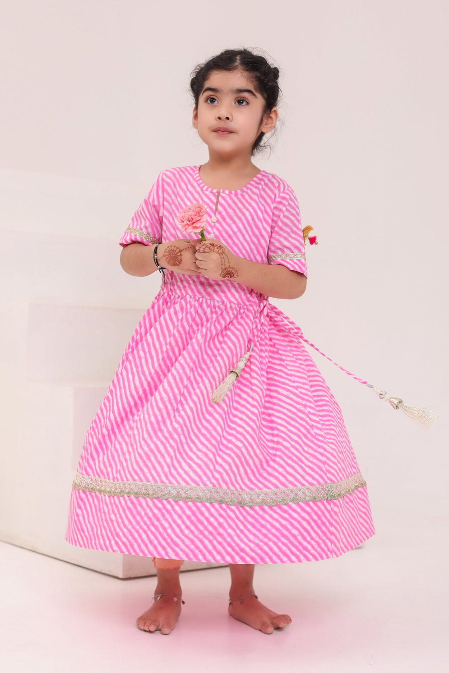 Girls Pink Leheriya Ankle Length Gota Dress with Tassels (1 Piece)