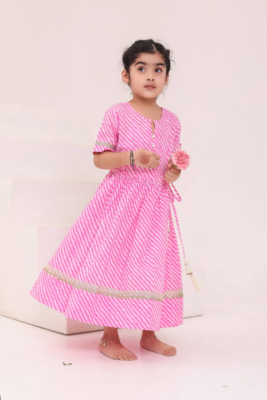 Girls Pink Leheriya Ankle Length Gota Dress with Tassels (1 Piece)