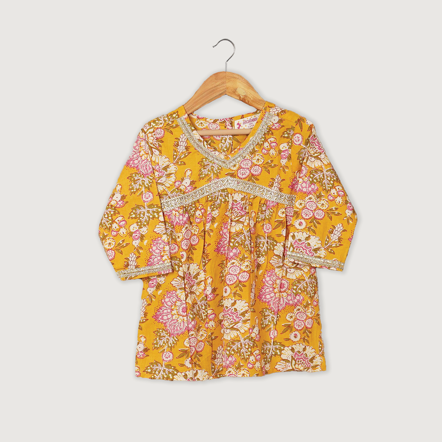 Girls Yellow Floral Kurti with Leheriya Sharara and Dupatta (3 Piece)