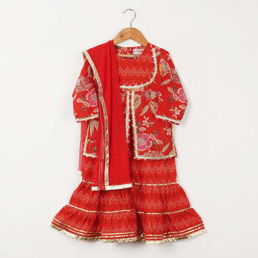 Girls Red Floral Yoke Kurti with Leheriya Sharara and Dupatta (3 Piece)