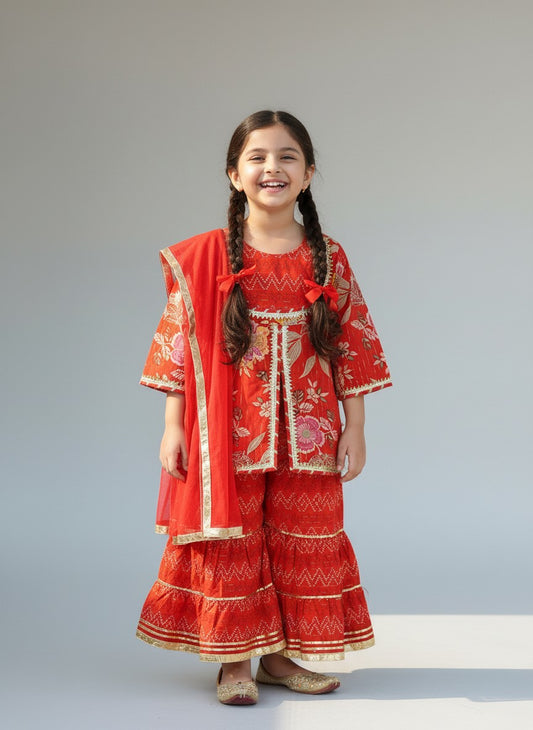 Girls Red Floral Yoke Kurti with Leheriya Sharara and Dupatta (3 Piece)