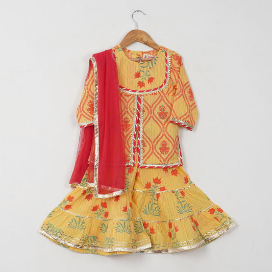 Girls Yellow Floral Yoke Kurti with Floral Sharara and Dupatta (3 Piece)