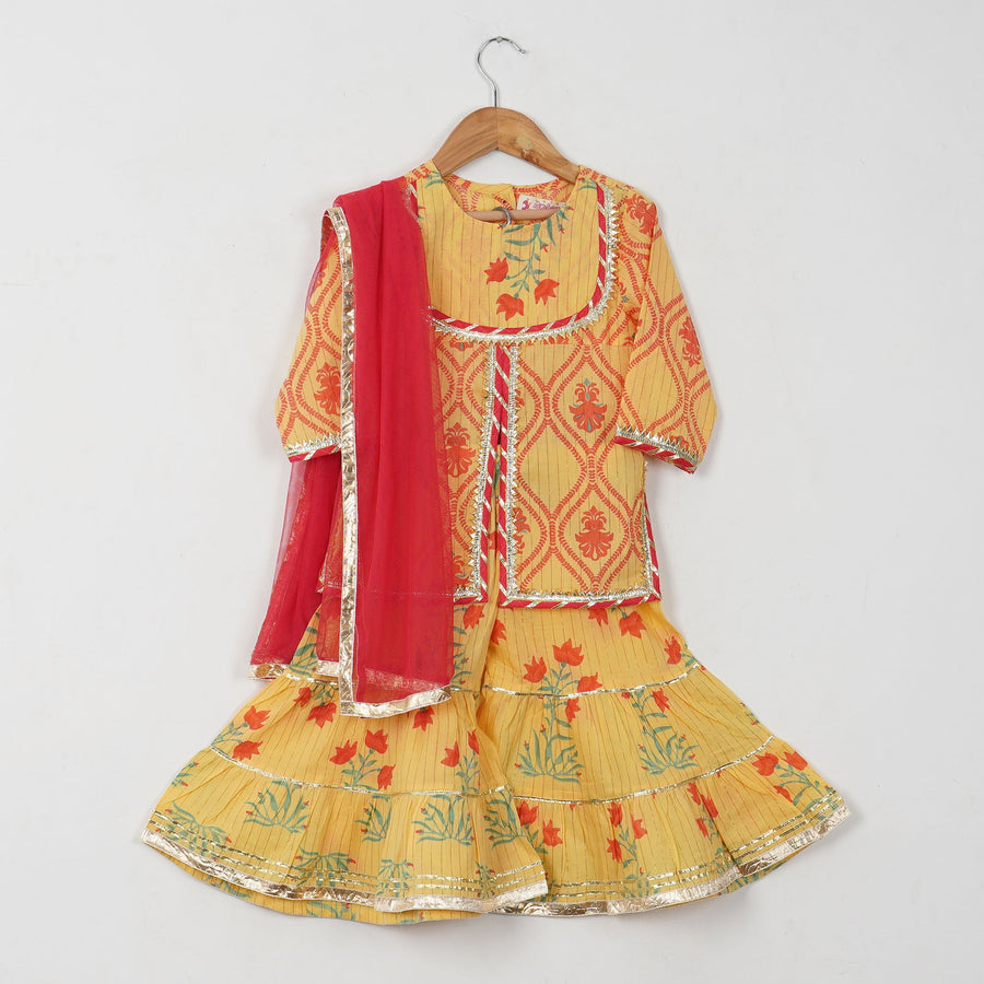 Girls Yellow Floral Yoke Kurti with Floral Sharara and Dupatta (3 Piece)
