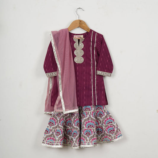 Girls Purple Kurti with Multicolor Floral Sharara and Dupatta (3 Piece)