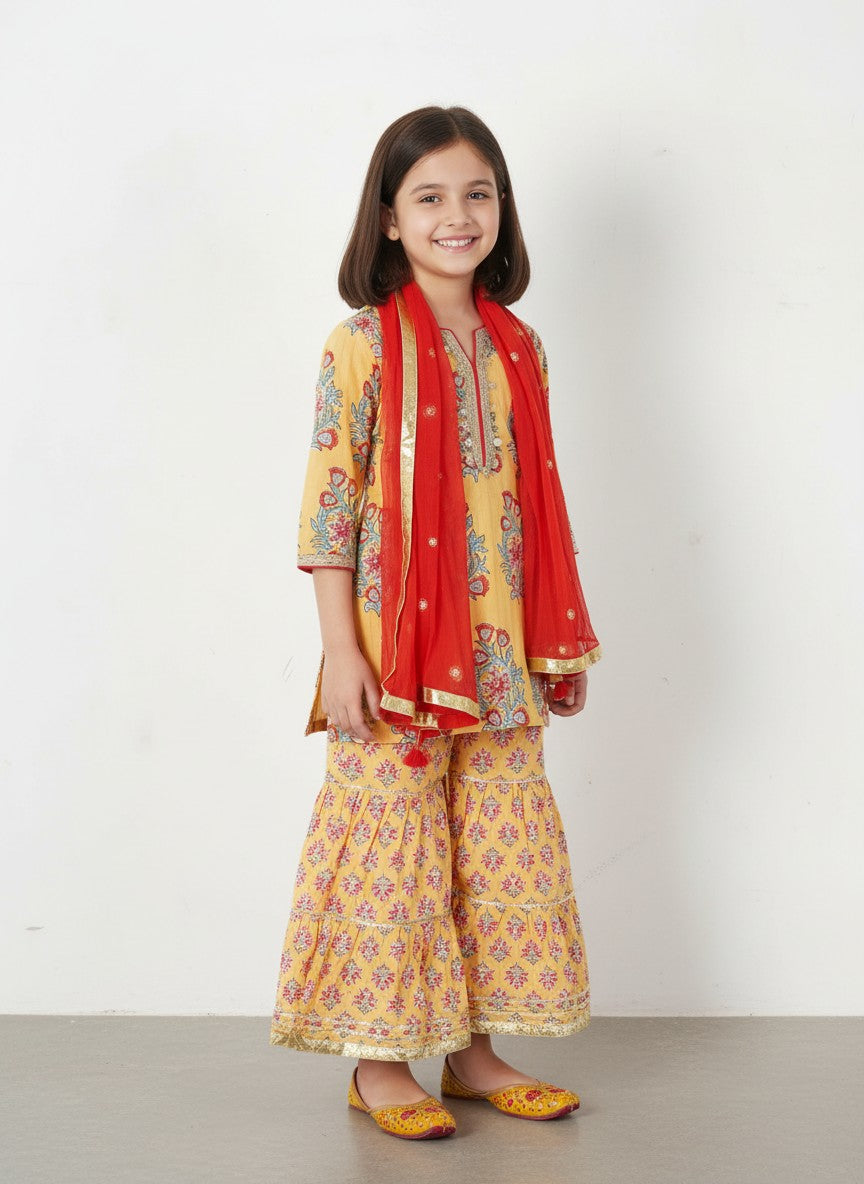 Girls Yellow Buta Kurti with Floral Sharara and Dupatta (3 Piece)
