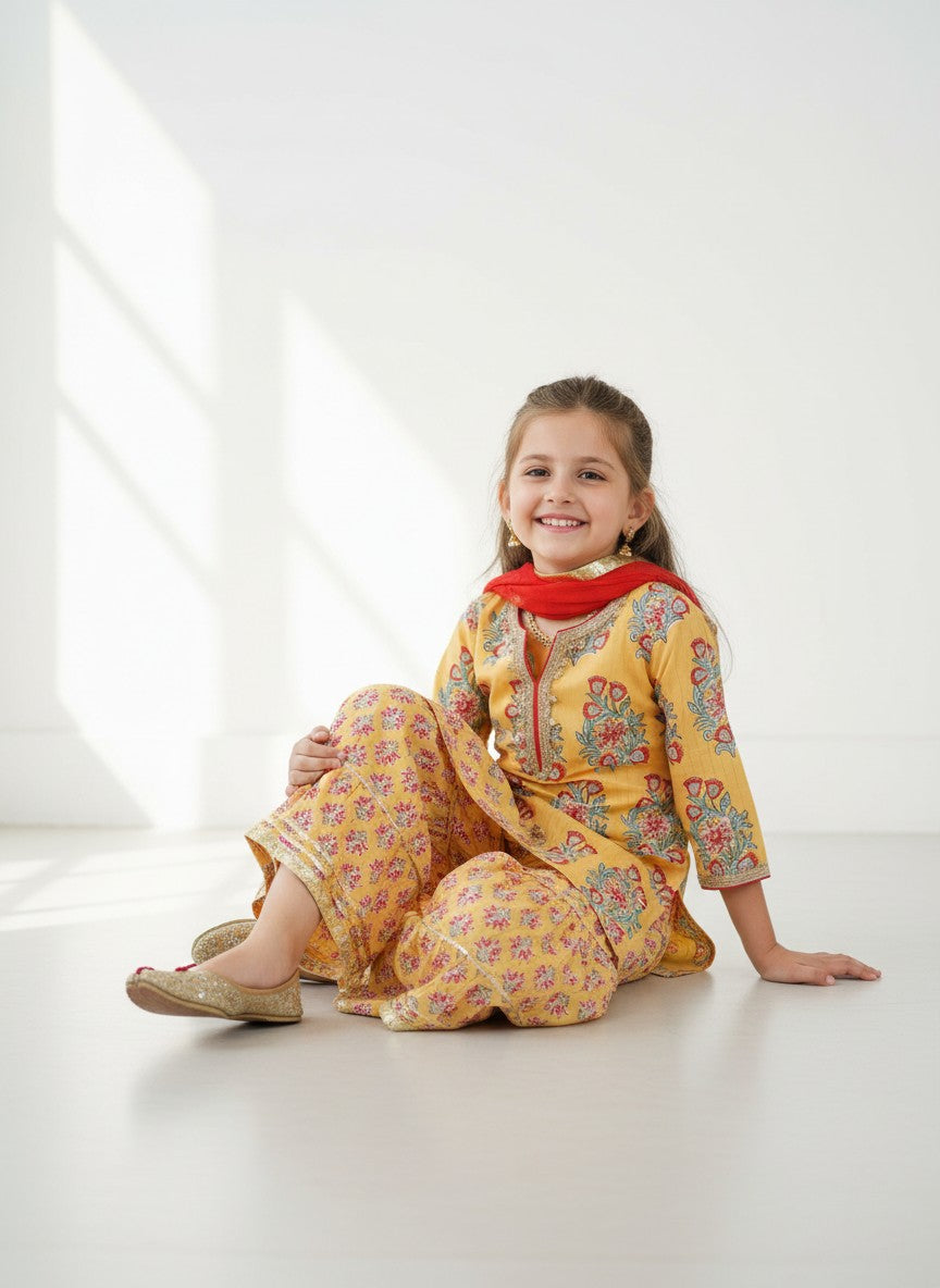 Girls Yellow Buta Kurti with Floral Sharara and Dupatta (3 Piece)