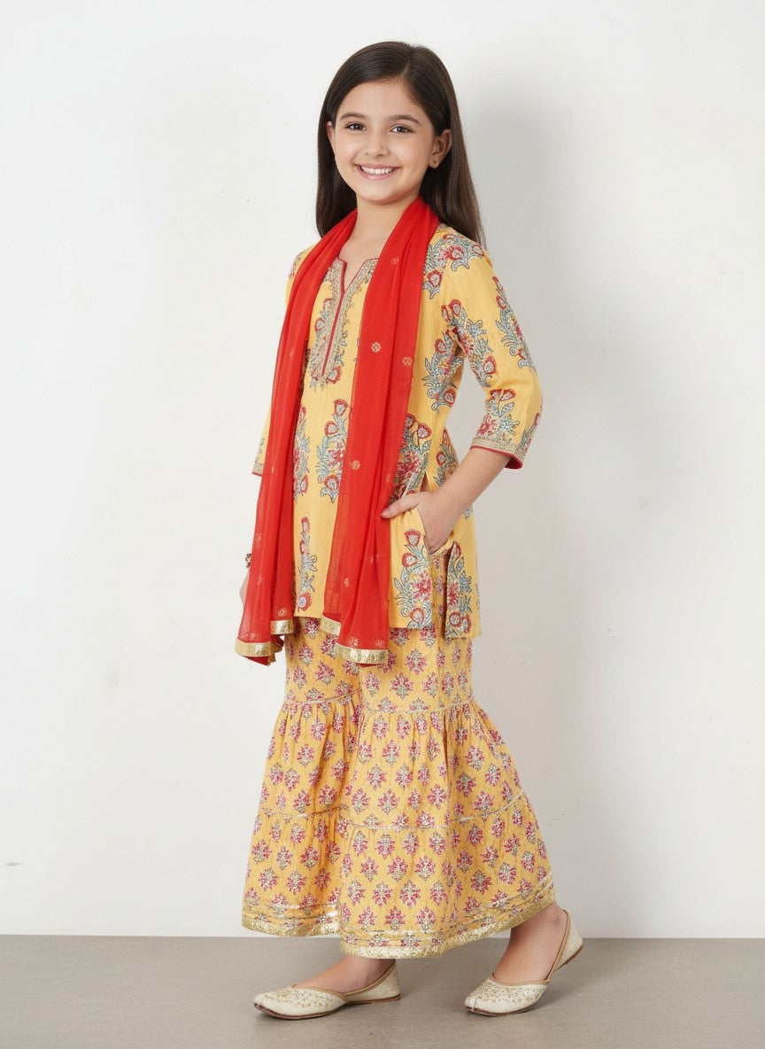 Girls Yellow Buta Kurti with Floral Sharara and Dupatta (3 Piece)