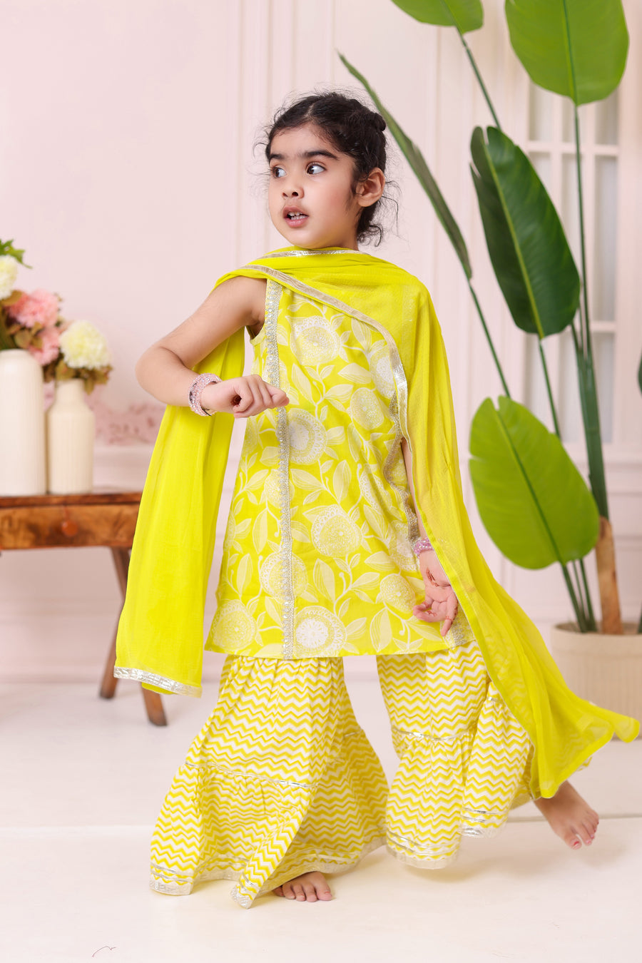 Girls Yellow Floral Kurti with Leheriya Sharara and Dupatta (3 Piece)