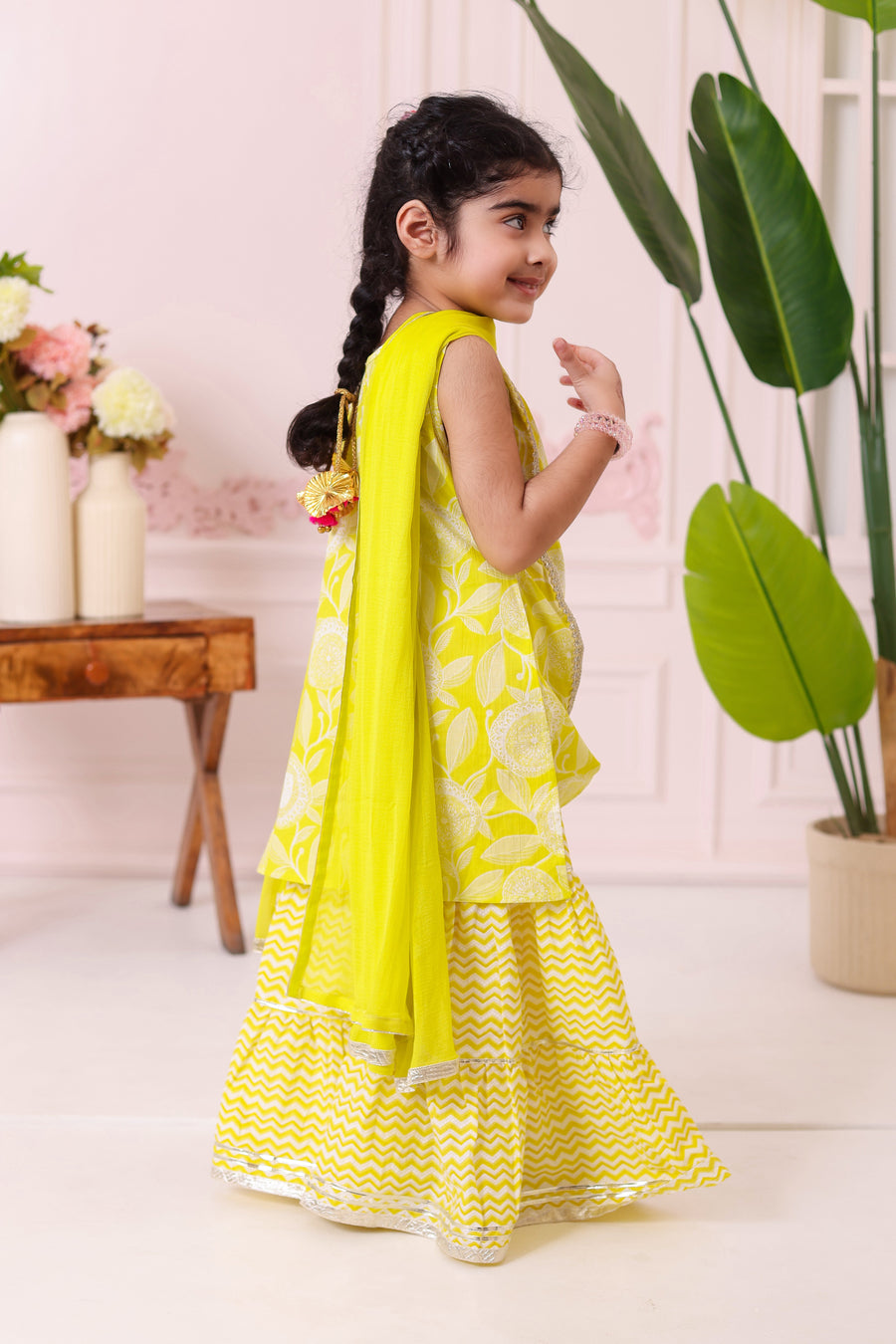 Girls Yellow Floral Kurti with Leheriya Sharara and Dupatta (3 Piece)