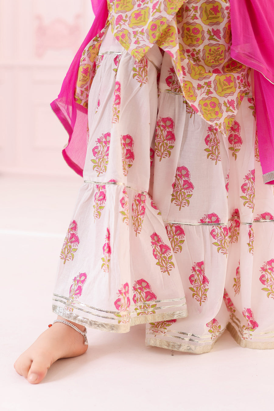 Girls Pink Printed Kurti with White Buti Sharara and Dupatta (3 Piece)