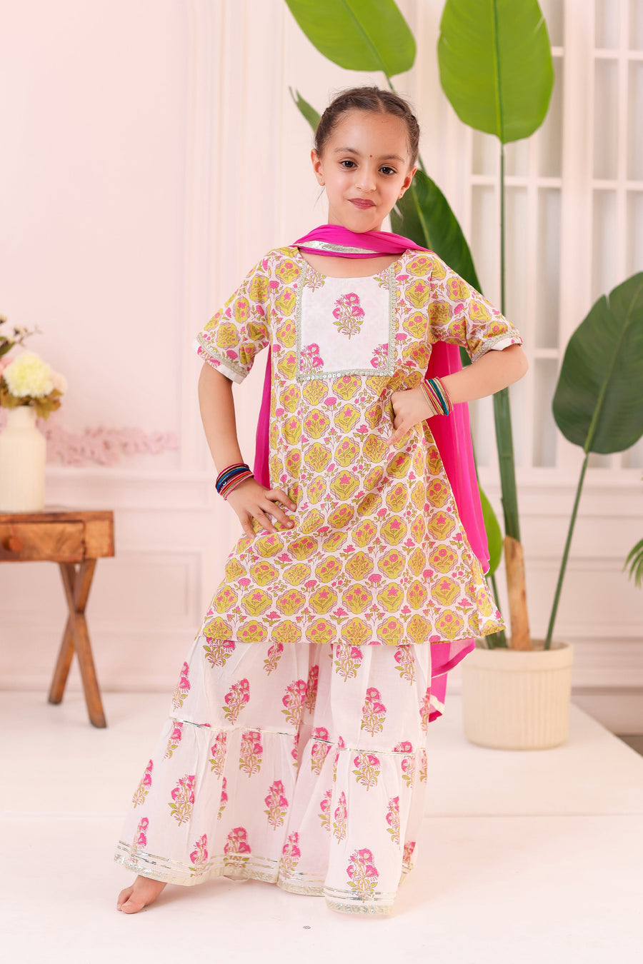 Girls Pink Printed Kurti with White Buti Sharara and Dupatta (3 Piece)