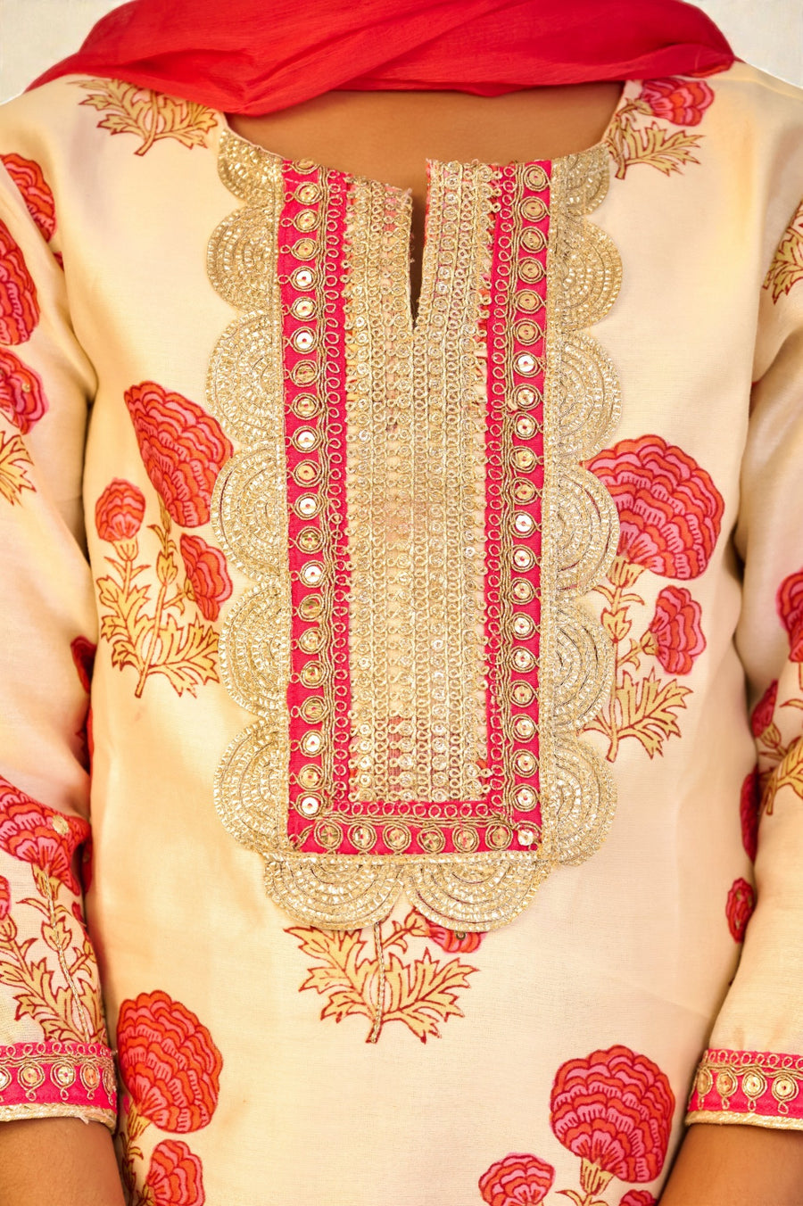 Girls Orange Handblock Chanderi Kurti with Modal Sharara and Dupatta (3 Piece)