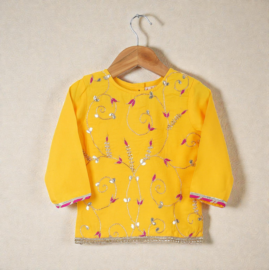 Girls Yellow Hand Work Kurti with Floral Lehenga and Dupatta (3 Piece)