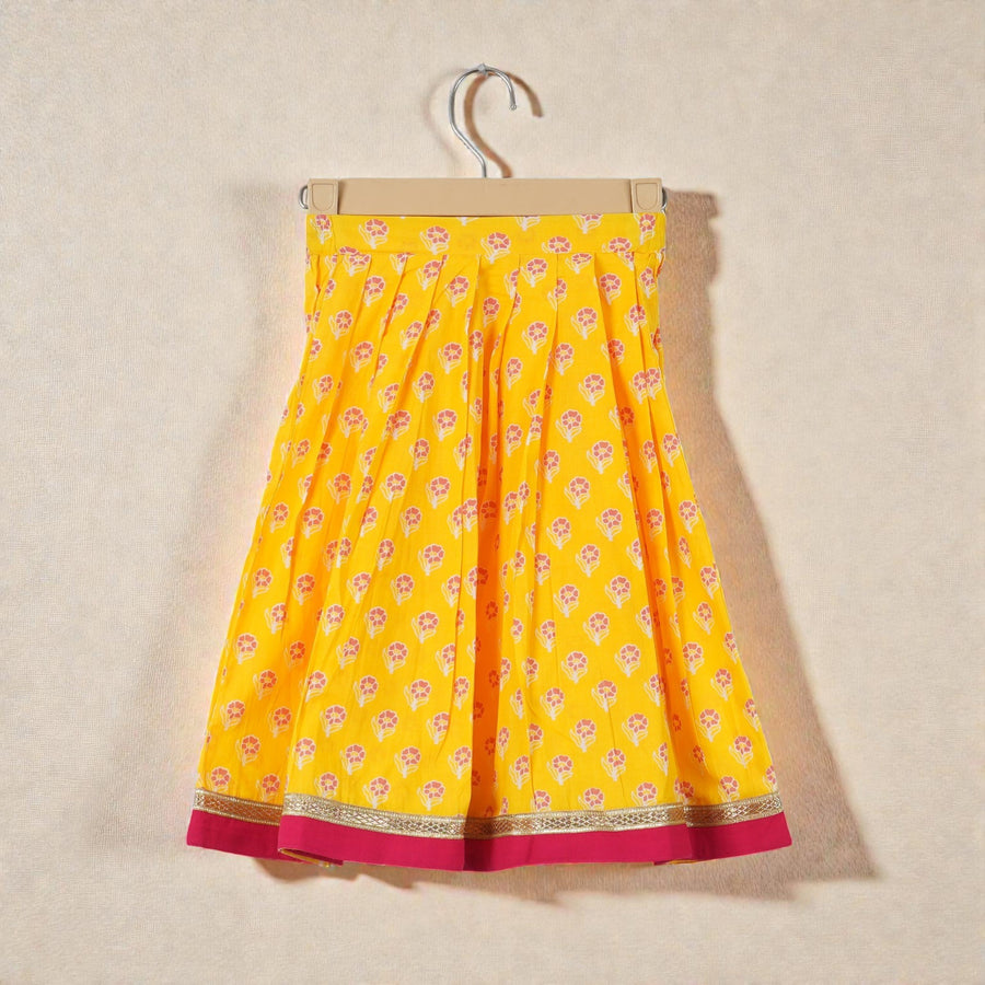 Girls Yellow Hand Work Kurti with Floral Lehenga and Dupatta (3 Piece)