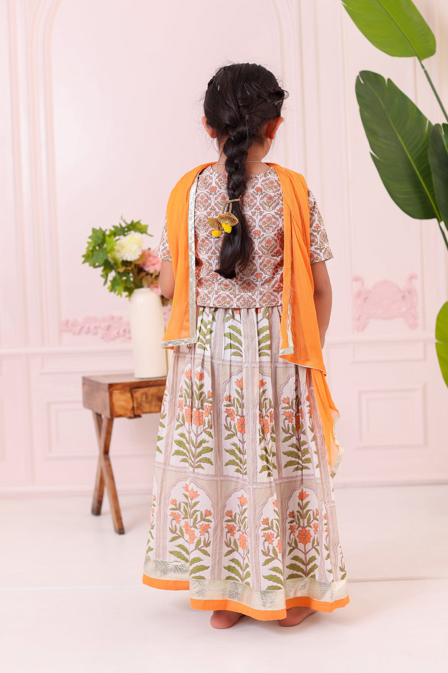 Girls Orange Floral Cotton Lehenga Set with Dupatta (3 Piece)
