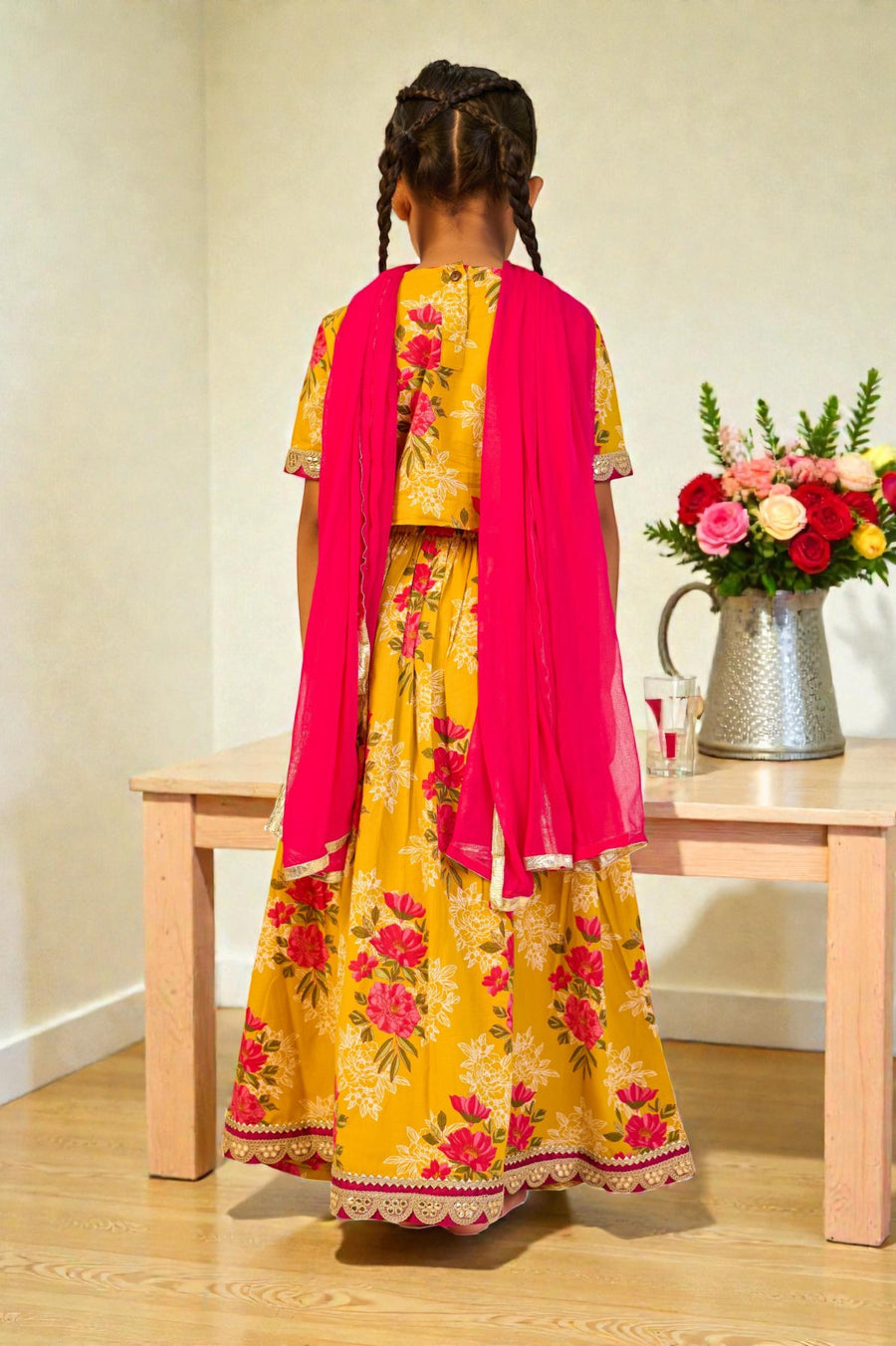 Girls Yellow Floral Lehenga with Pink Yoke Top and Dupatta (3 Piece)