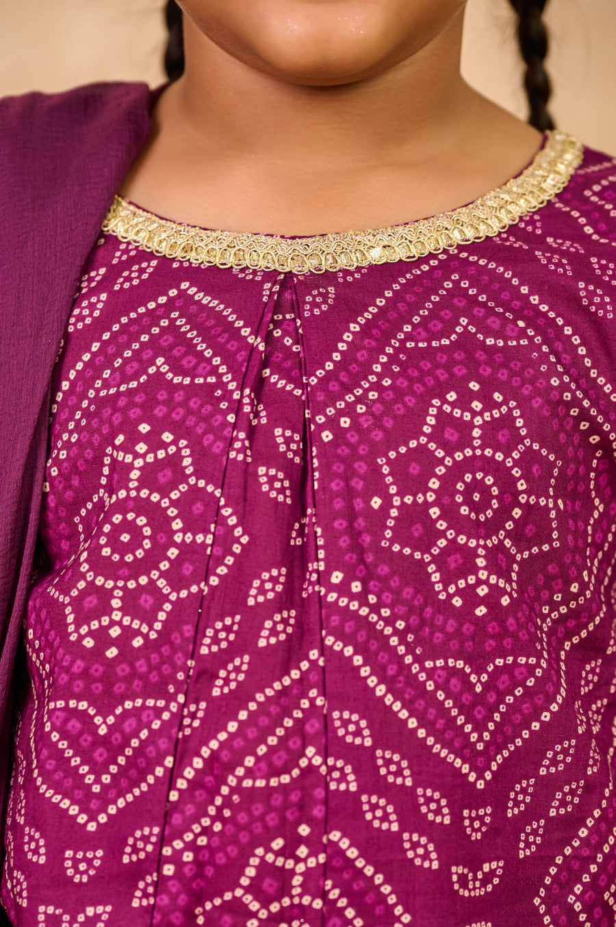 Girls Purple Bandhej Kurti with Leheriya Palazzo and Dupatta (3 Piece)