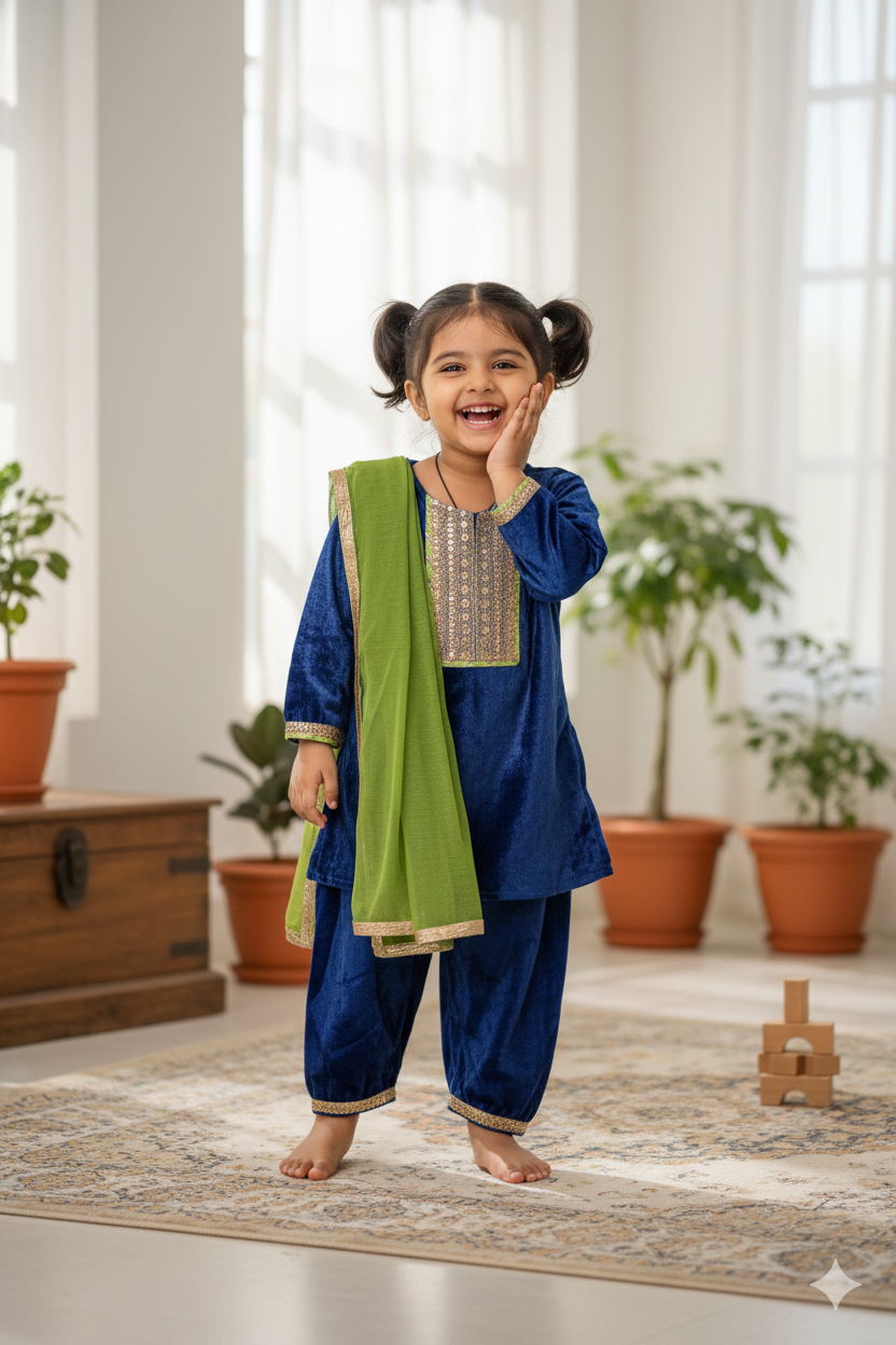 Girls Blue Velvet Kurti with Velvet Aghani Salwar and Dupatta (3 Piece)