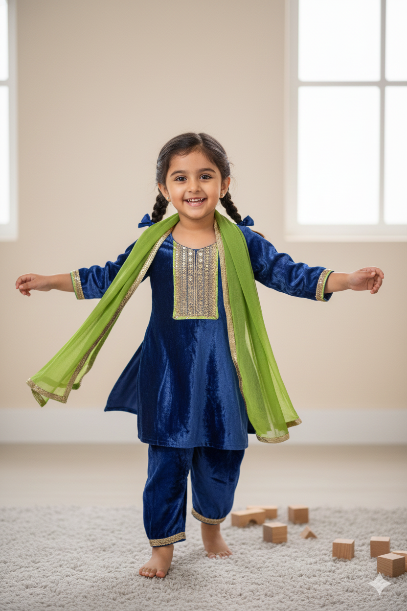 Girls Blue Velvet Kurti with Velvet Aghani Salwar and Dupatta (3 Piece)