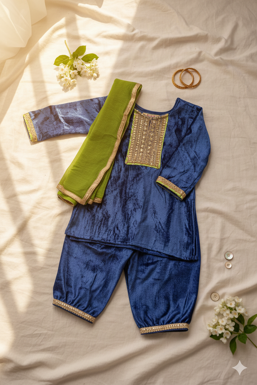 Girls Blue Velvet Kurti with Velvet Aghani Salwar and Dupatta (3 Piece)