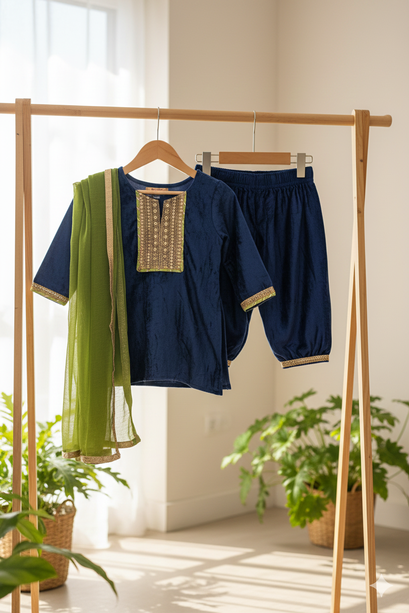 Girls Blue Velvet Kurti with Velvet Aghani Salwar and Dupatta (3 Piece)