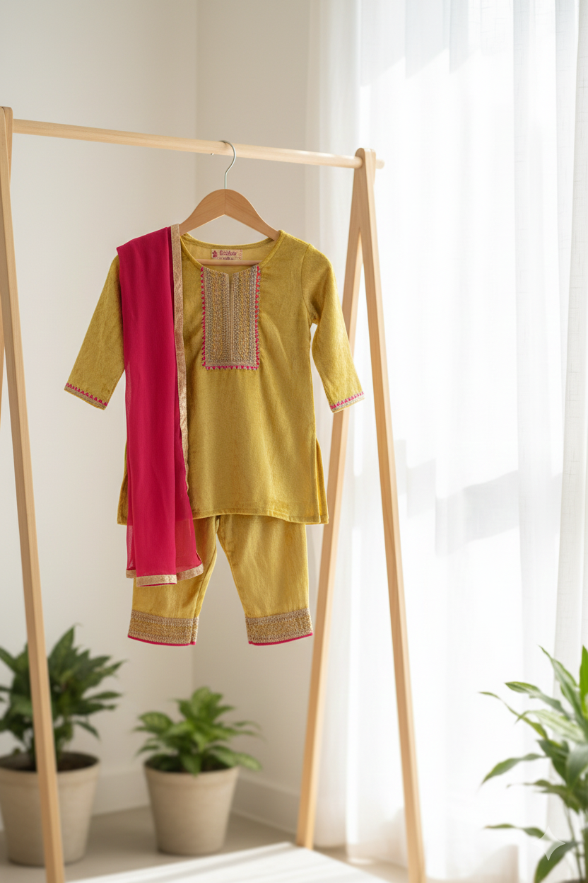 Girls Mustard Yellow Kurti with Velvet Pant and Dupatta (3 Piece)