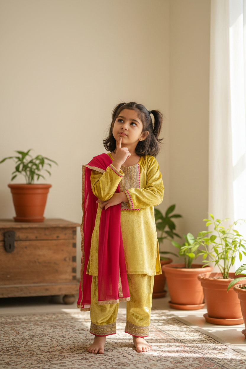 Girls Mustard Yellow Kurti with Velvet Pant and Dupatta (3 Piece)