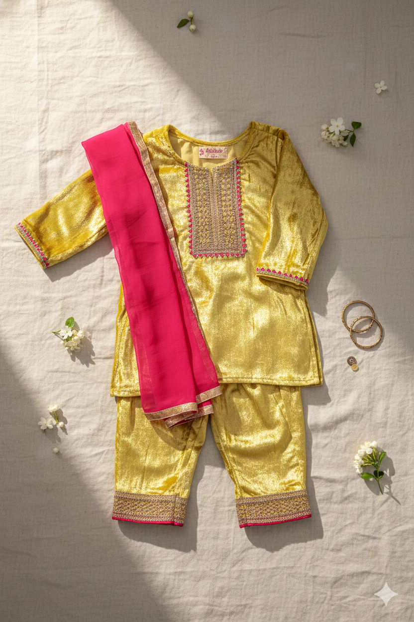 Girls Mustard Yellow Kurti with Velvet Pant and Dupatta (3 Piece)