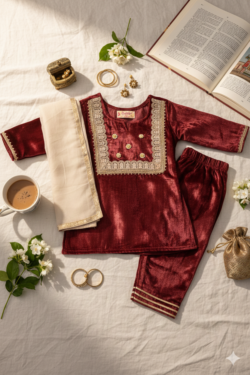 Girls Maroon Velvet Kurti with Velvet Pant and Dupatta (3 Piece)