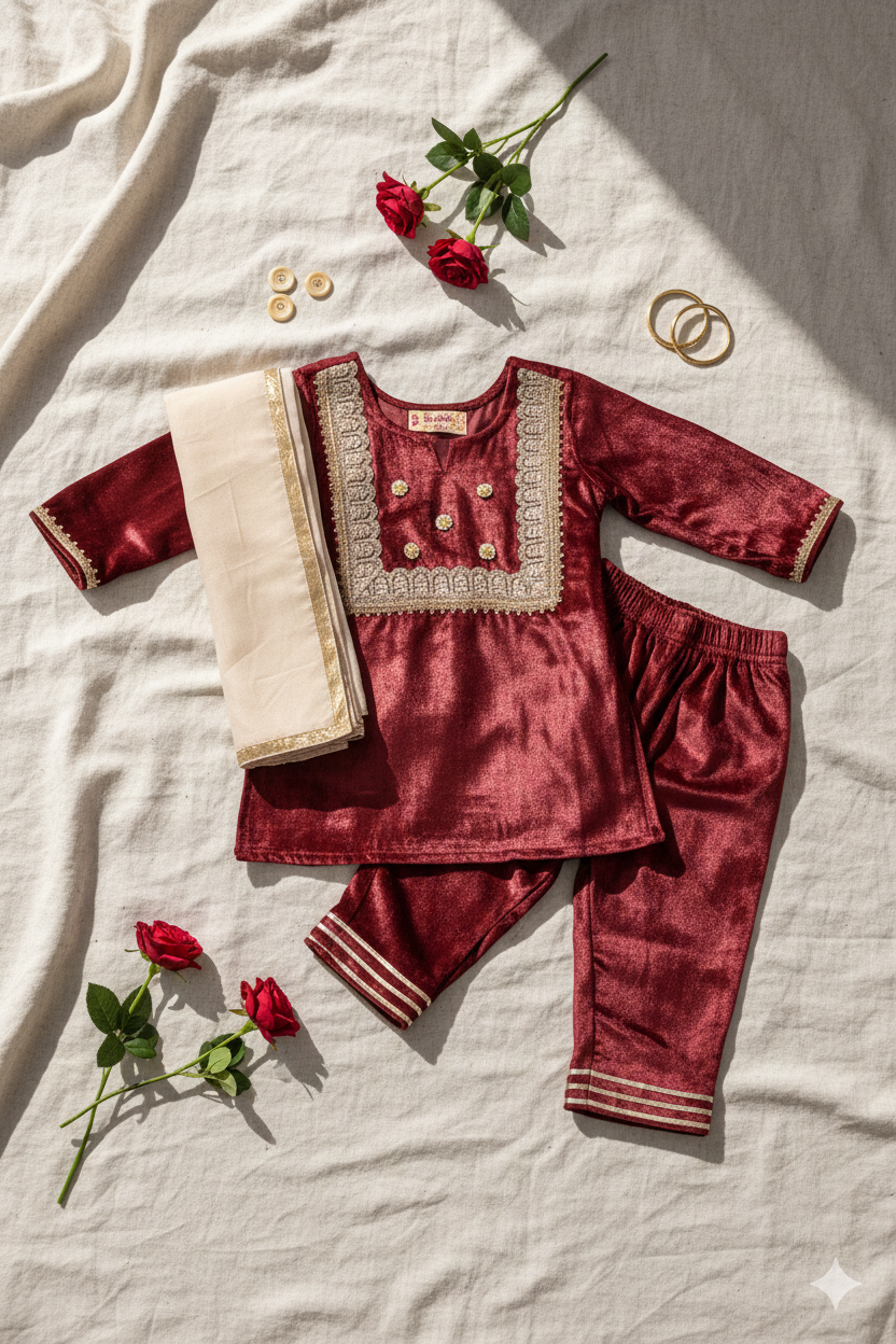 Girls Maroon Velvet Kurti with Velvet Pant and Dupatta (3 Piece)